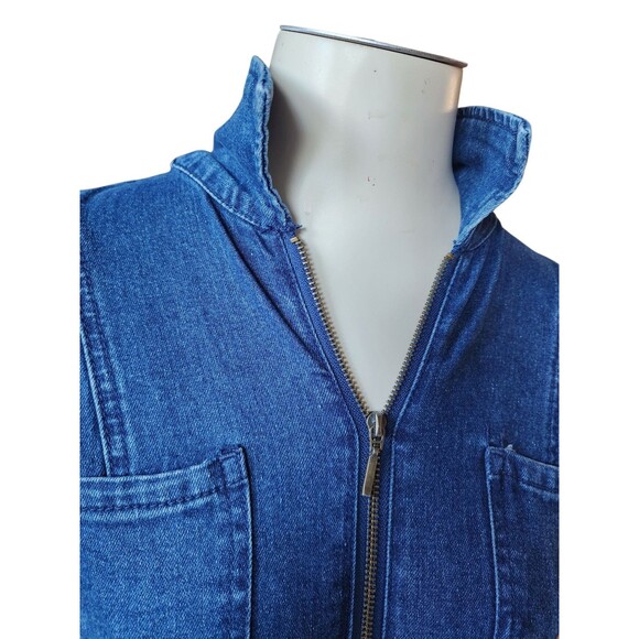 Project/Rebel Stretch Denim Jumpsuit Womens Flare Leg Blue Zip Short Sleeve Sz M - Picture 4 of 11